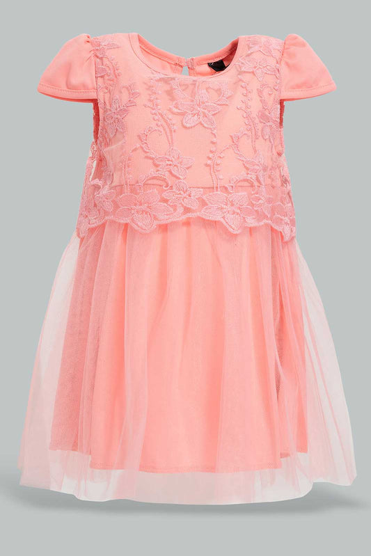 Redtag-Coral-Cap-Sleeves-Lace-Dress-Category:Dresses,-Colour:Coral,-Deals:New-In,-EID,-Filter:Infant-Girls-(3-to-24-Mths),-ING-Dresses,-New-In-ING-APL,-Non-Sale,-Section:Girls-(0-to-14Yrs),-W22O-Infant-Girls-3 to 24 Months
