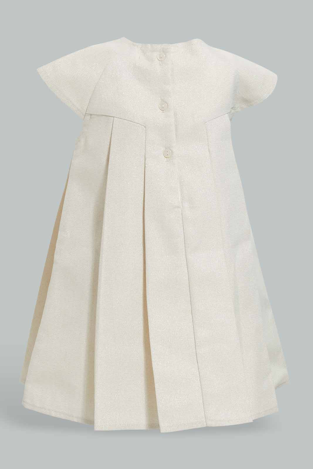 Redtag-Lt.-Gold-Plain-Pleated-Jacquard-Dress-Category:Dresses,-Colour:Gold,-Deals:New-In,-EID,-Filter:Infant-Girls-(3-to-24-Mths),-ING-Dresses,-New-In-ING-APL,-Non-Sale,-Section:Girls-(0-to-14Yrs),-W22O-Infant-Girls-3 to 24 Months