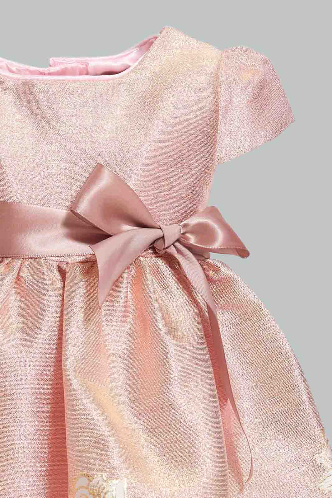 Redtag-Gold-Jacquard-Dress-With-Belt-Category:Dresses,-Colour:Gold,-Deals:New-In,-EID,-Filter:Infant-Girls-(3-to-24-Mths),-ING-Dresses,-New-In-ING-APL,-Non-Sale,-Section:Girls-(0-to-14Yrs),-W22O-Infant-Girls-3 to 24 Months