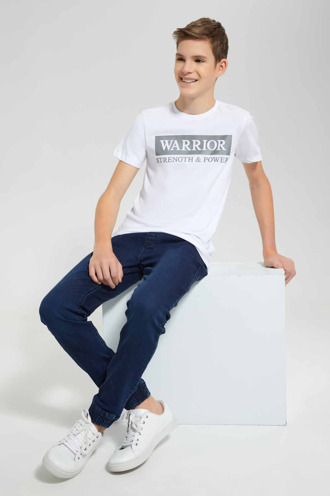 Redtag-White-Warrior-T-Shirt-BSR-T-Shirts,-Category:T-Shirts,-Colour:White,-Deals:New-In,-Festive,-Filter:Senior-Boys-(9-to-14-Yrs),-New-In-BSR-APL,-Non-Sale,-Section:Boys-(0-to-14Yrs),-W22O-Senior-Boys-9 to 14 Years
