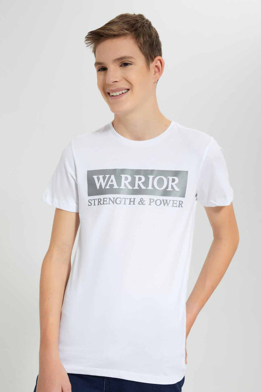 Redtag-White-Warrior-T-Shirt-BSR-T-Shirts,-Category:T-Shirts,-Colour:White,-Deals:New-In,-Festive,-Filter:Senior-Boys-(9-to-14-Yrs),-New-In-BSR-APL,-Non-Sale,-Section:Boys-(0-to-14Yrs),-W22O-Senior-Boys-9 to 14 Years