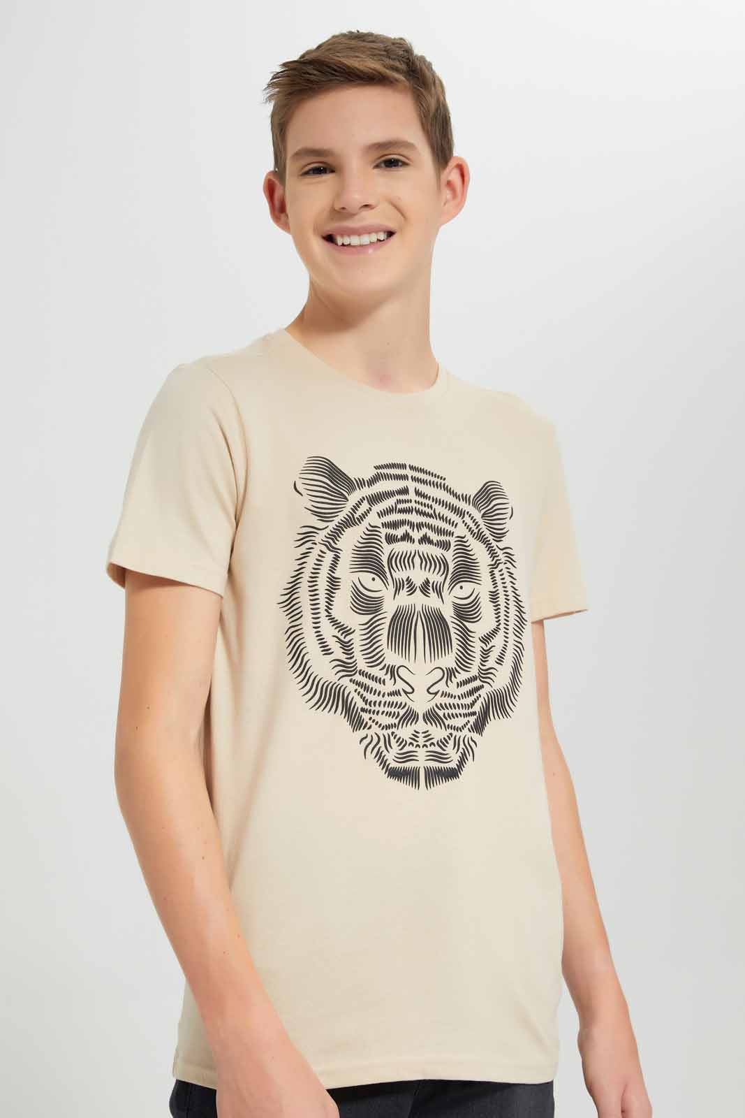 Redtag-Beige-Tiger-Face-T-Shirt-BSR-T-Shirts,-Category:T-Shirts,-Colour:Beige,-Deals:New-In,-Festive,-Filter:Senior-Boys-(9-to-14-Yrs),-New-In-BSR-APL,-Non-Sale,-Section:Boys-(0-to-14Yrs),-W22O-Senior-Boys-9 to 14 Years