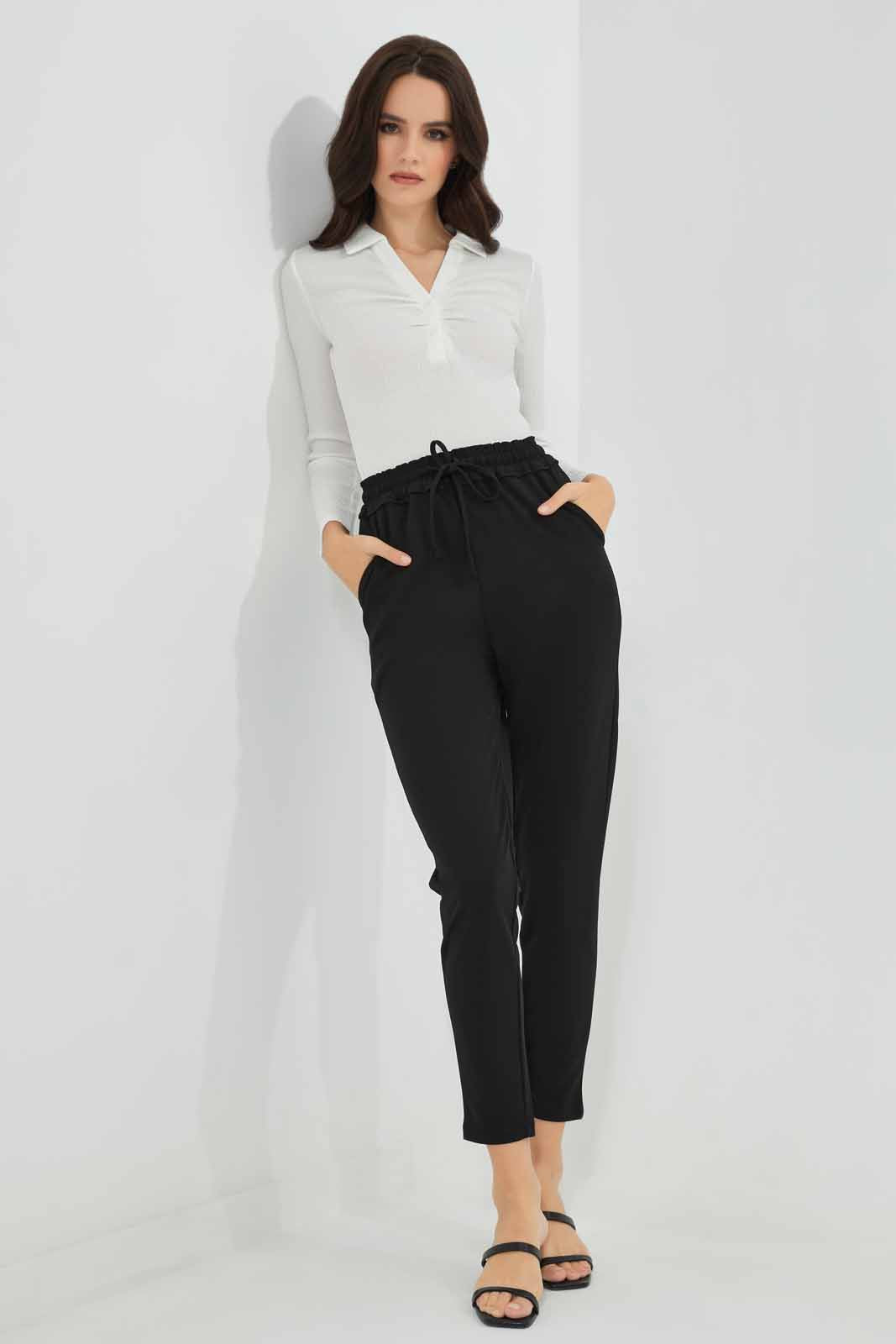 Redtag-Black-Tapered-Leg-Elasticated-Waist-Pant-Category:Trousers,-Colour:Black,-Deals:New-In,-Filter:Women's-Clothing,-KSH,-New-In-Women-APL,-Non-Sale,-Section:Women,-W22O,-Women-Trousers-Women's-