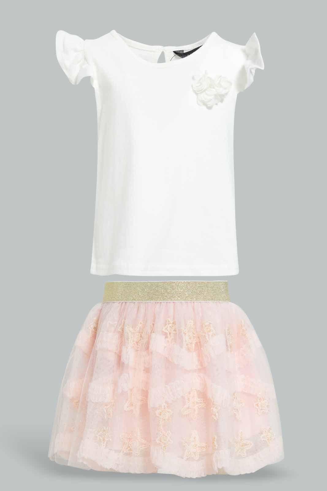 Redtag-White-Applique-Neck-Top-With-Pink-Mesh-Skirt-Category:Sets,-Colour:Apricot,-Deals:New-In,-EID,-Filter:Infant-Girls-(3-to-24-Mths),-ING-Sets,-New-In-ING-APL,-Non-Sale,-Section:Girls-(0-to-14Yrs),-W22O-Infant-Girls-3 to 24 Months