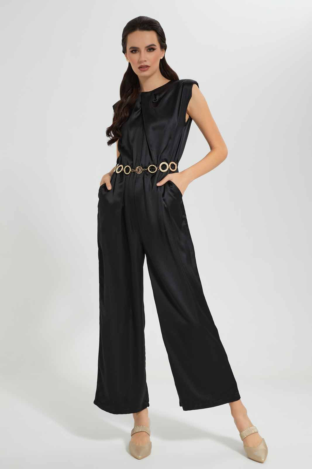 Redtag-Black-Satin-Jumpsuit-With-Gold-Metal-Belt-Category:Dresses,-Colour:Black,-Deals:New-In,-Festive,-Filter:Women's-Clothing,-New-In-Women-APL,-Non-Sale,-Section:Women,-W22O,-Women-Dresses-Women's-