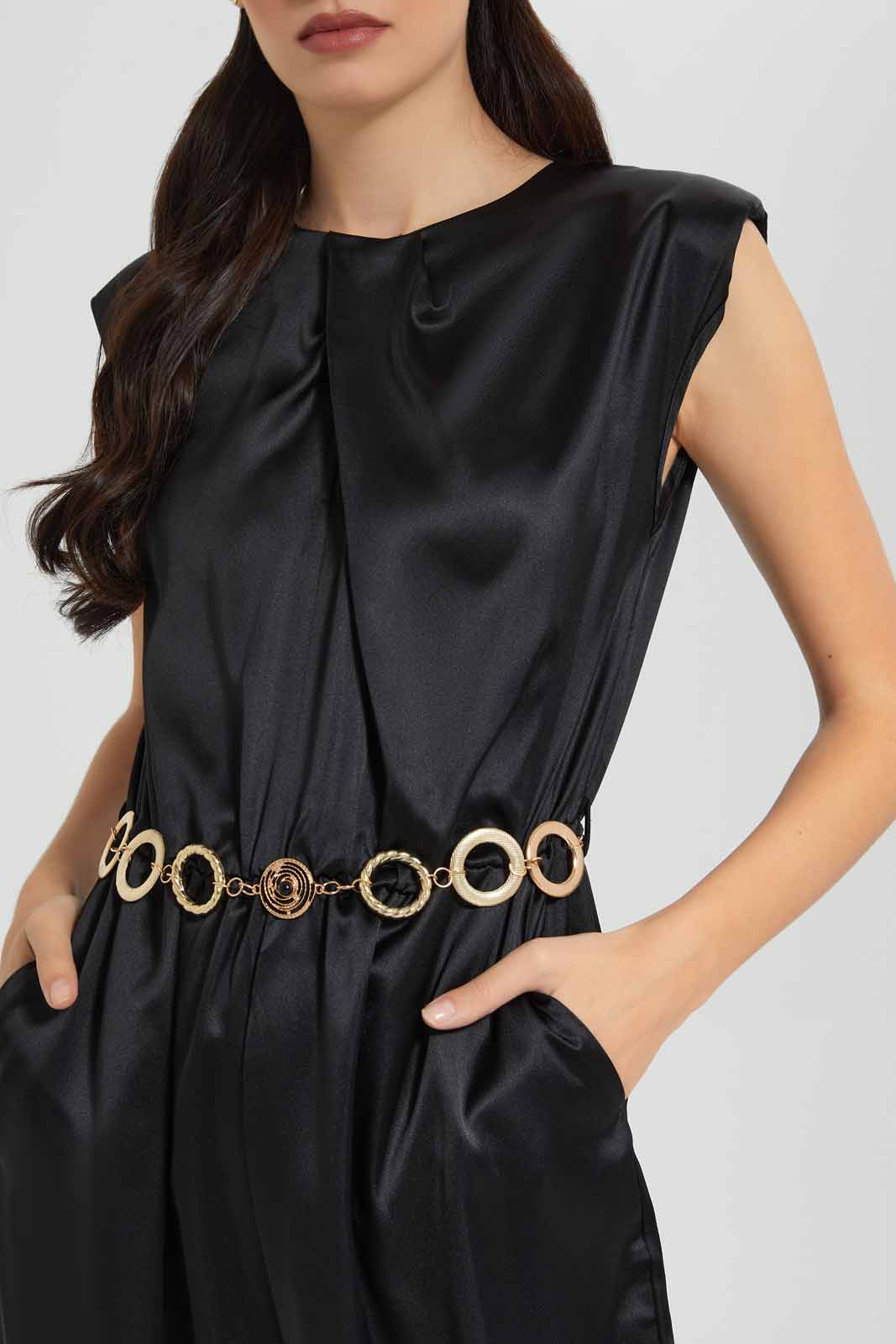 Redtag-Black-Satin-Jumpsuit-With-Gold-Metal-Belt-Category:Dresses,-Colour:Black,-Deals:New-In,-Festive,-Filter:Women's-Clothing,-New-In-Women-APL,-Non-Sale,-Section:Women,-W22O,-Women-Dresses-Women's-