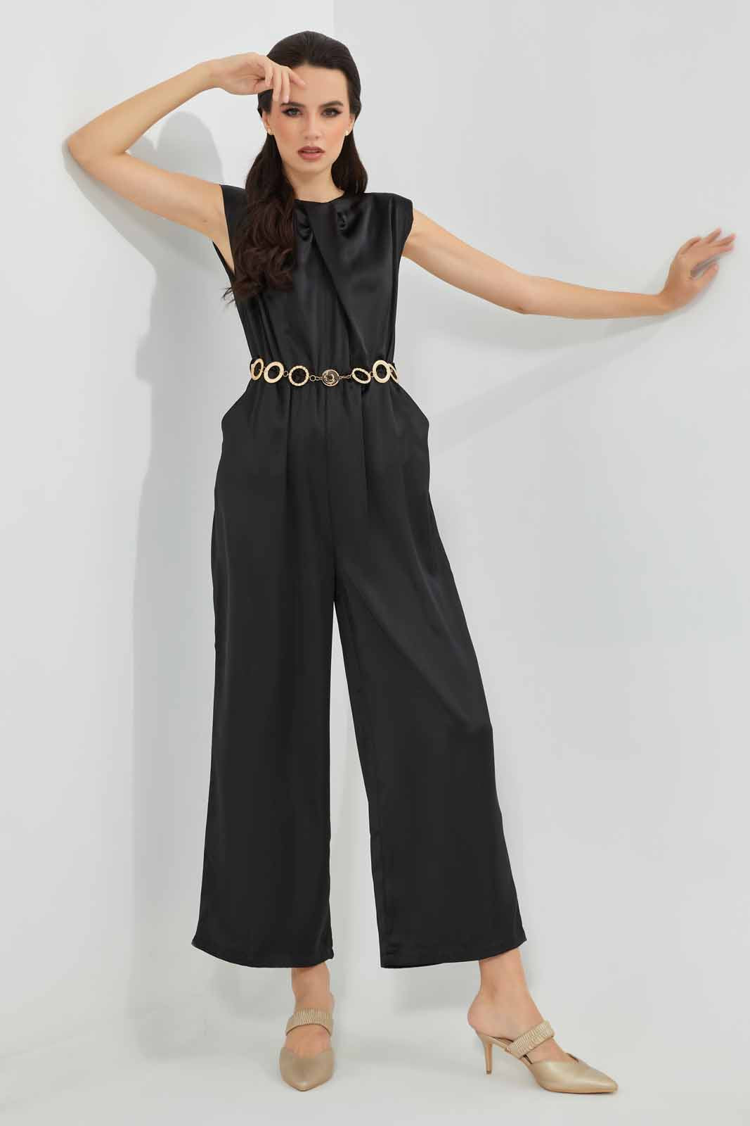Redtag-Black-Satin-Jumpsuit-With-Gold-Metal-Belt-Category:Dresses,-Colour:Black,-Deals:New-In,-Festive,-Filter:Women's-Clothing,-New-In-Women-APL,-Non-Sale,-Section:Women,-W22O,-Women-Dresses-Women's-