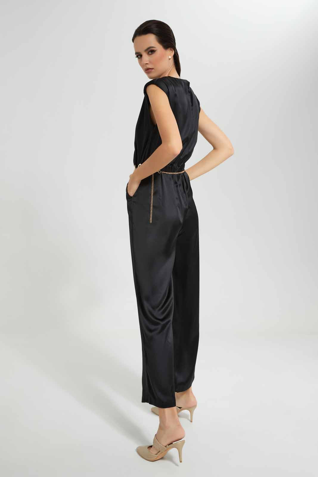 Redtag-Black-Satin-Jumpsuit-With-Gold-Metal-Belt-Category:Dresses,-Colour:Black,-Deals:New-In,-Festive,-Filter:Women's-Clothing,-New-In-Women-APL,-Non-Sale,-Section:Women,-W22O,-Women-Dresses-Women's-