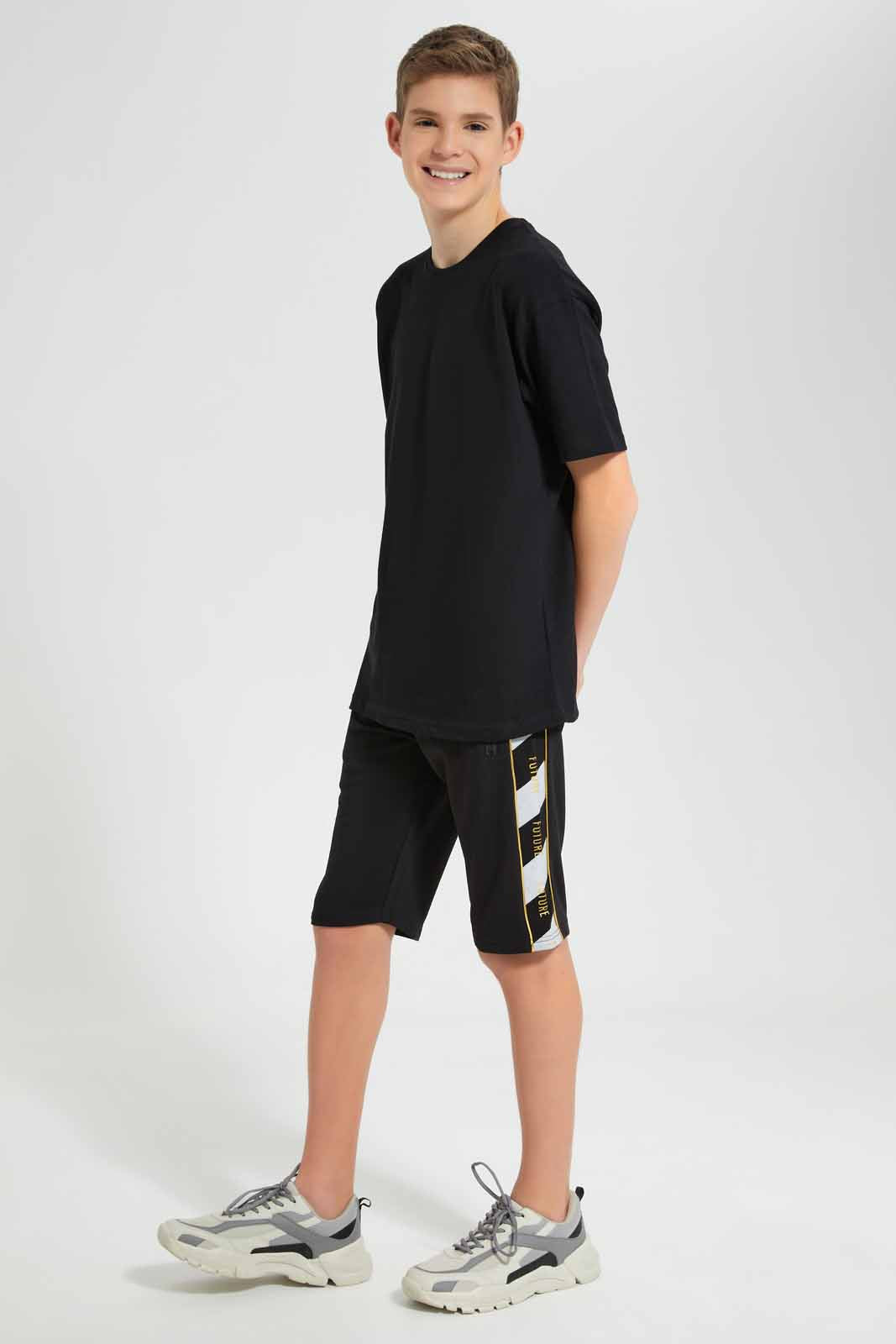 Redtag-Black-Foil-Print-Active-Shorts-BSR-Shorts,-Category:Shorts,-Colour:Black,-Deals:New-In,-Filter:Senior-Boys-(9-to-14-Yrs),-New-In-BSR-APL,-Non-Sale,-Section:Boys-(0-to-14Yrs),-W22O-Senior-Boys-9 to 14 Years