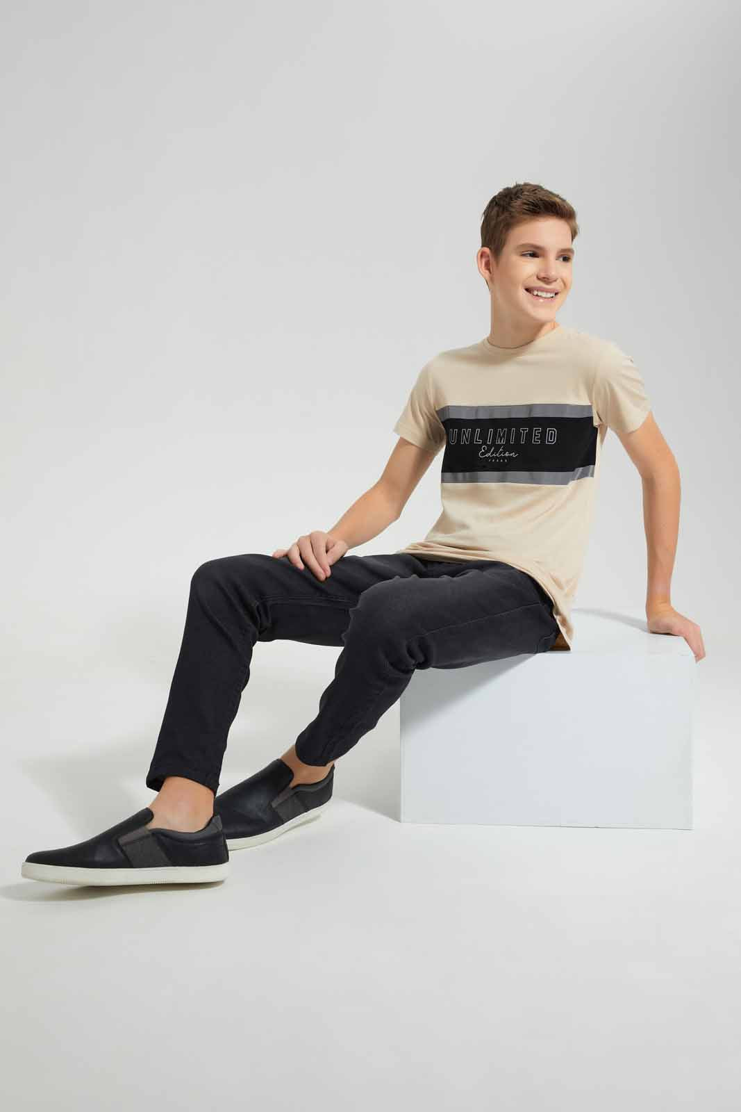 Redtag-Beige-Unlimited-Edition-T-Shirt-BSR-T-Shirts,-Category:T-Shirts,-Colour:Beige,-Deals:New-In,-Festive,-Filter:Senior-Boys-(9-to-14-Yrs),-New-In-BSR-APL,-Non-Sale,-Section:Boys-(0-to-14Yrs),-W22O-Senior-Boys-9 to 14 Years