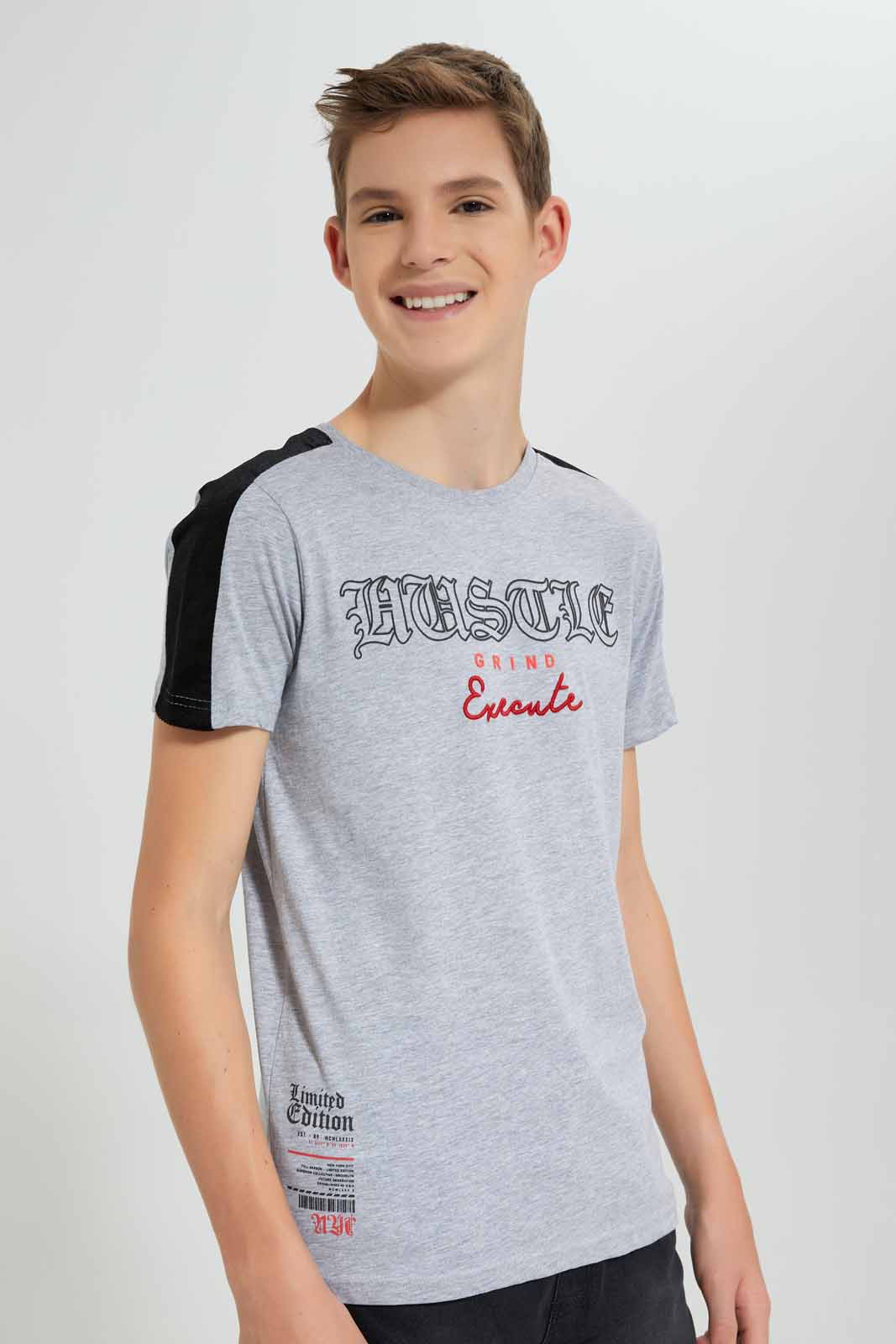 Redtag-Grey-Mel-Hustle-T-Shirt-BSR-T-Shirts,-Category:T-Shirts,-Colour:Grey,-Deals:New-In,-Festive,-Filter:Senior-Boys-(9-to-14-Yrs),-New-In-BSR-APL,-Non-Sale,-Section:Boys-(0-to-14Yrs),-W22O-Senior-Boys-9 to 14 Years