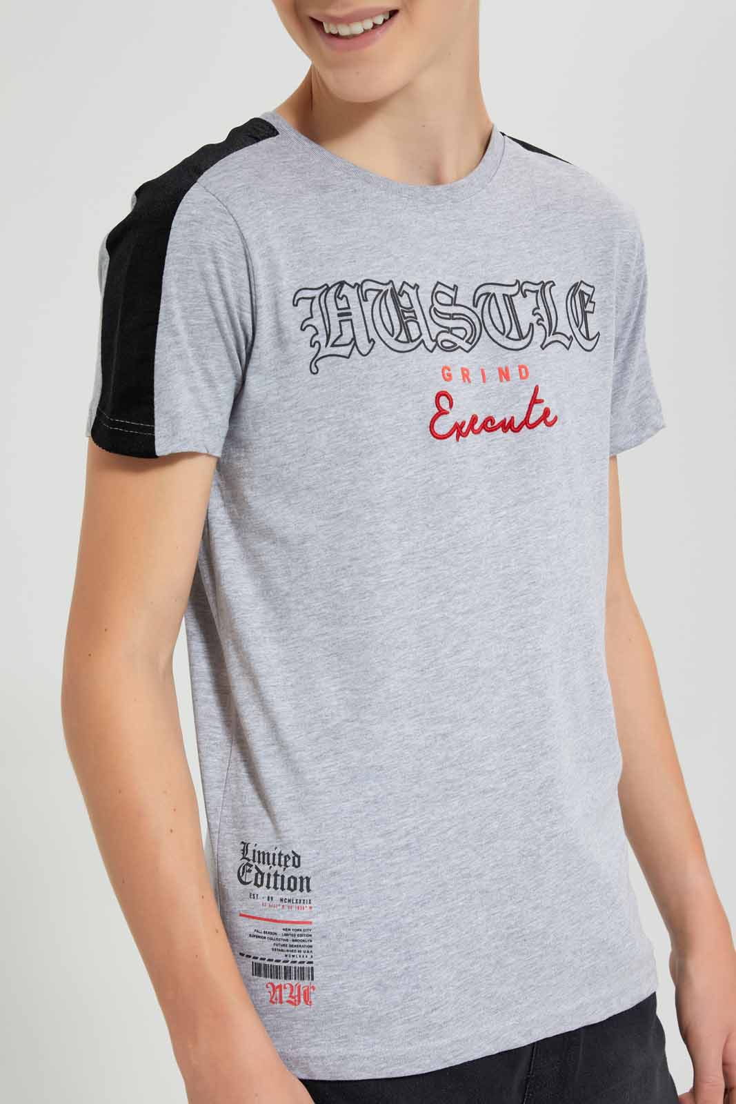 Redtag-Grey-Mel-Hustle-T-Shirt-BSR-T-Shirts,-Category:T-Shirts,-Colour:Grey,-Deals:New-In,-Festive,-Filter:Senior-Boys-(9-to-14-Yrs),-New-In-BSR-APL,-Non-Sale,-Section:Boys-(0-to-14Yrs),-W22O-Senior-Boys-9 to 14 Years