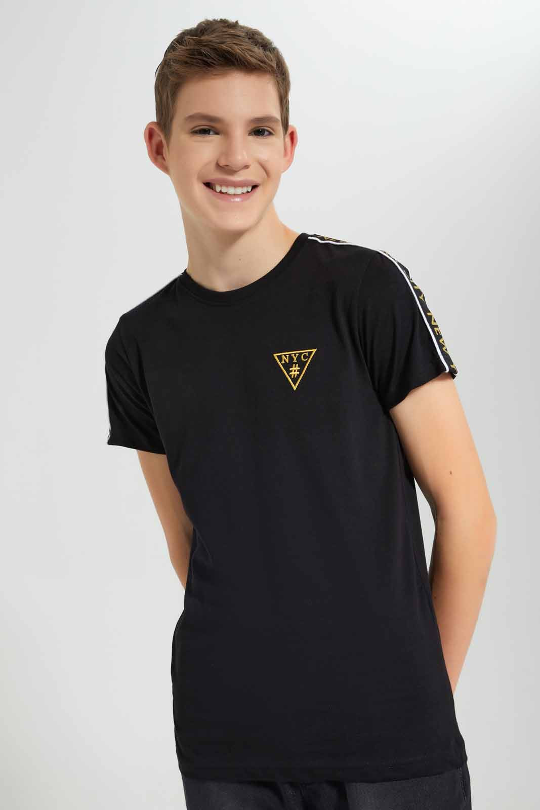 Redtag-Black-NYC-T-Shirt-BSR-T-Shirts,-Category:T-Shirts,-Colour:Black,-Deals:New-In,-Festive,-Filter:Senior-Boys-(9-to-14-Yrs),-New-In-BSR-APL,-Non-Sale,-Section:Boys-(0-to-14Yrs),-W22O-Senior-Boys-9 to 14 Years