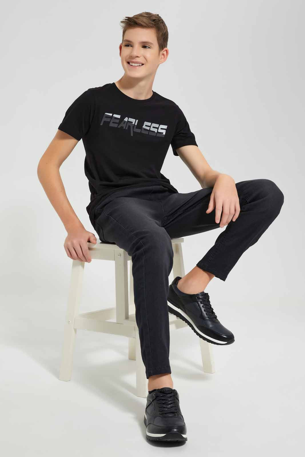 Redtag-Black-Fearless-T-Shirt-BSR-T-Shirts,-Category:T-Shirts,-Colour:Black,-Deals:New-In,-Festive,-Filter:Senior-Boys-(9-to-14-Yrs),-New-In-BSR-APL,-Non-Sale,-Section:Boys-(0-to-14Yrs),-W22O-Senior-Boys-9 to 14 Years