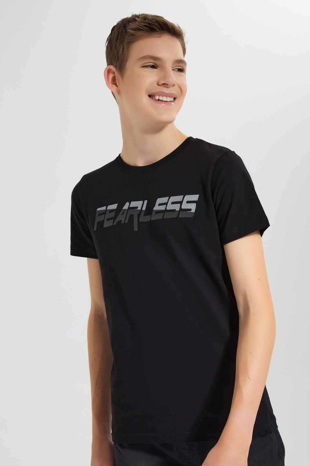 Redtag-Black-Fearless-T-Shirt-BSR-T-Shirts,-Category:T-Shirts,-Colour:Black,-Deals:New-In,-Festive,-Filter:Senior-Boys-(9-to-14-Yrs),-New-In-BSR-APL,-Non-Sale,-Section:Boys-(0-to-14Yrs),-W22O-Senior-Boys-9 to 14 Years