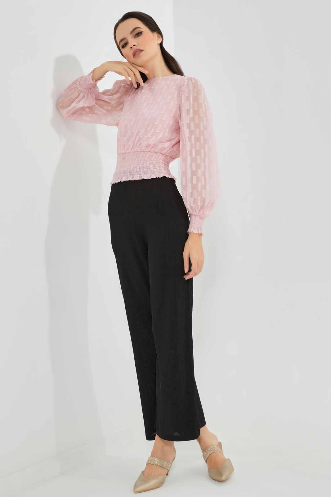 Redtag-Pink-Gold-Lurex-Dobby-Smocked-Hem-Blouse-Category:Blouses,-Colour:Apricot,-Deals:New-In,-EID,-Filter:Women's-Clothing,-New-In-Women-APL,-Non-Sale,-Section:Women,-W22O,-Women-Blouses-Women's-