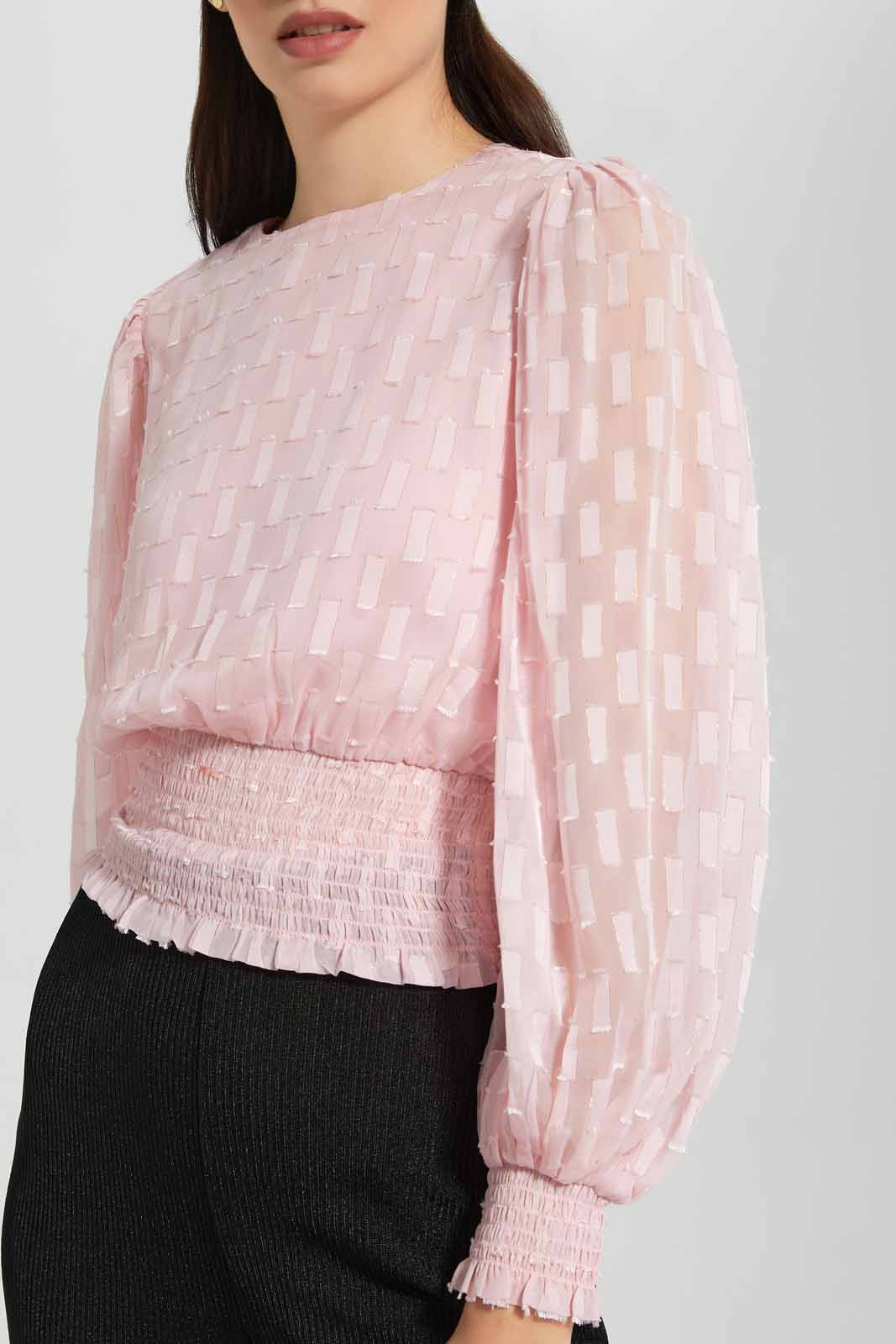 Redtag-Pink-Gold-Lurex-Dobby-Smocked-Hem-Blouse-Category:Blouses,-Colour:Apricot,-Deals:New-In,-EID,-Filter:Women's-Clothing,-New-In-Women-APL,-Non-Sale,-Section:Women,-W22O,-Women-Blouses-Women's-