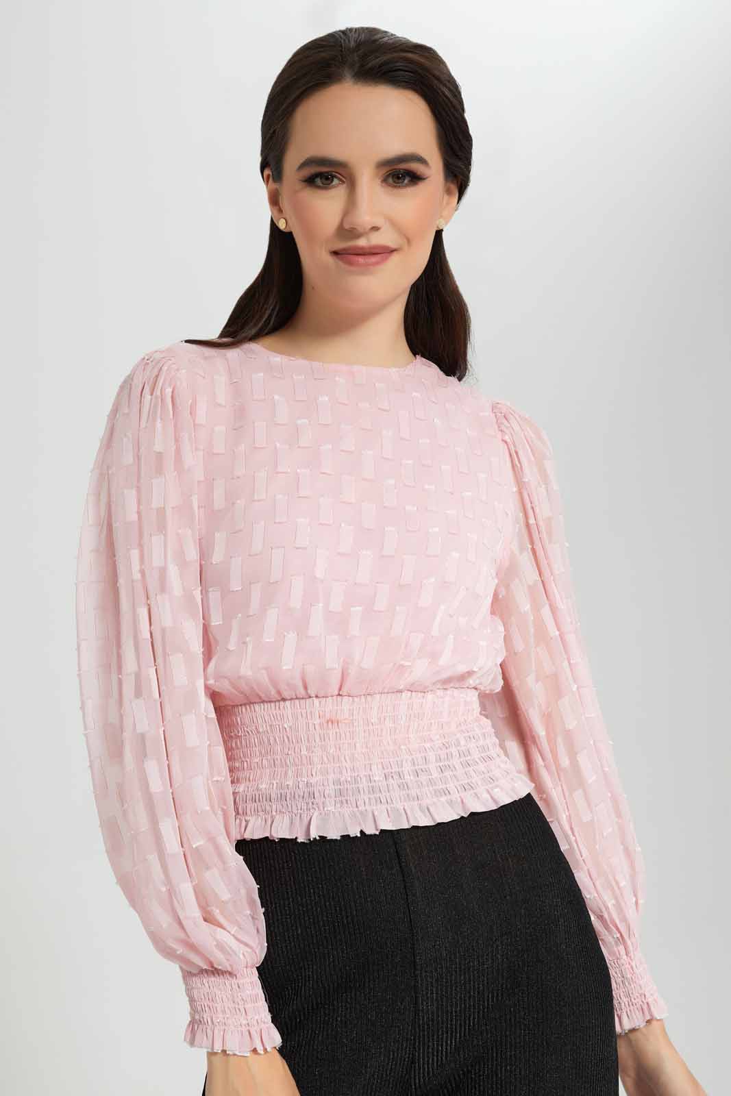 Redtag-Pink-Gold-Lurex-Dobby-Smocked-Hem-Blouse-Category:Blouses,-Colour:Apricot,-Deals:New-In,-EID,-Filter:Women's-Clothing,-New-In-Women-APL,-Non-Sale,-Section:Women,-W22O,-Women-Blouses-Women's-