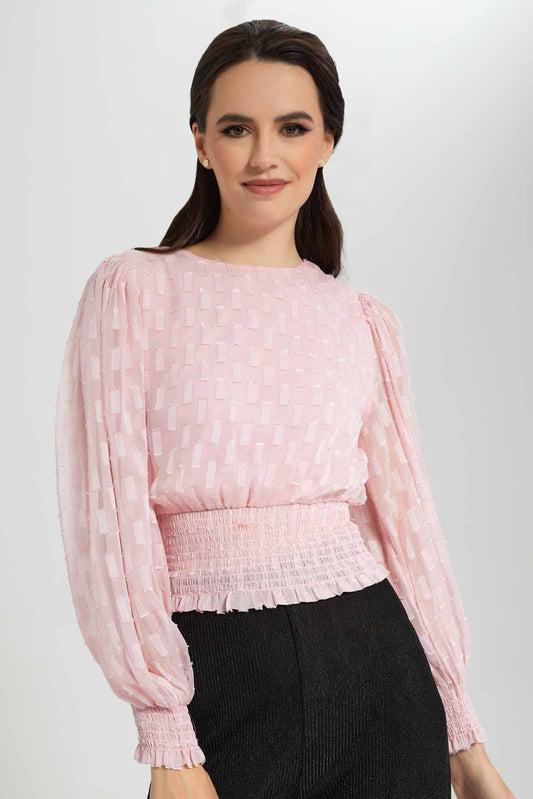Redtag-Pink-Gold-Lurex-Dobby-Smocked-Hem-Blouse-Category:Blouses,-Colour:Apricot,-Deals:New-In,-EID,-Filter:Women's-Clothing,-New-In-Women-APL,-Non-Sale,-Section:Women,-W22O,-Women-Blouses-Women's-