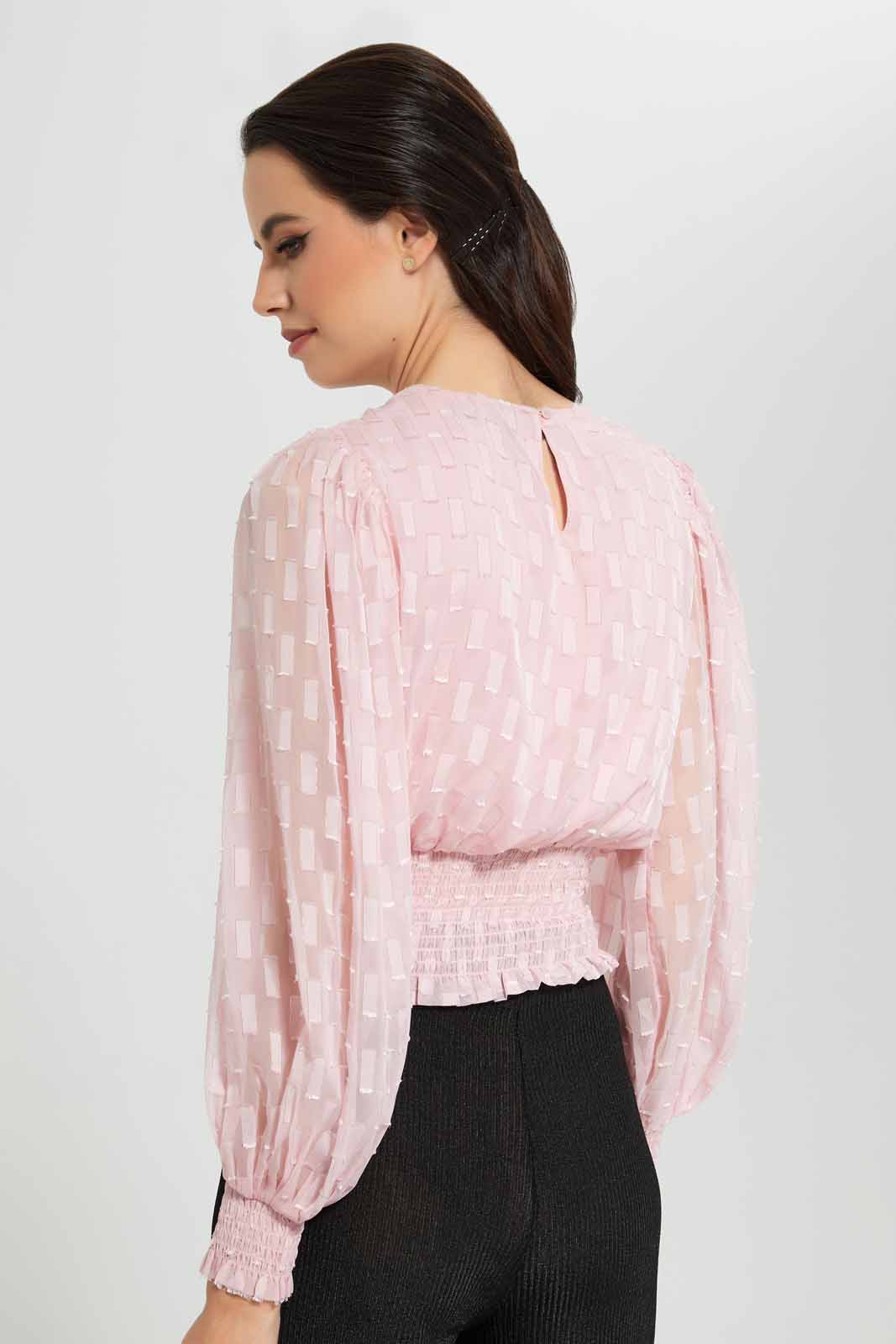 Redtag-Pink-Gold-Lurex-Dobby-Smocked-Hem-Blouse-Category:Blouses,-Colour:Apricot,-Deals:New-In,-EID,-Filter:Women's-Clothing,-New-In-Women-APL,-Non-Sale,-Section:Women,-W22O,-Women-Blouses-Women's-