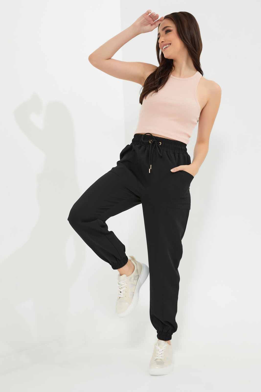 Redtag-Black-Tapered-Leg-Elasticated-Waist-Pants-Category:Trousers,-Colour:Black,-Deals:New-In,-Filter:Women's-Clothing,-New-In-Women-APL,-Non-Sale,-Section:Women,-W22O,-Women-Trousers-Women's-