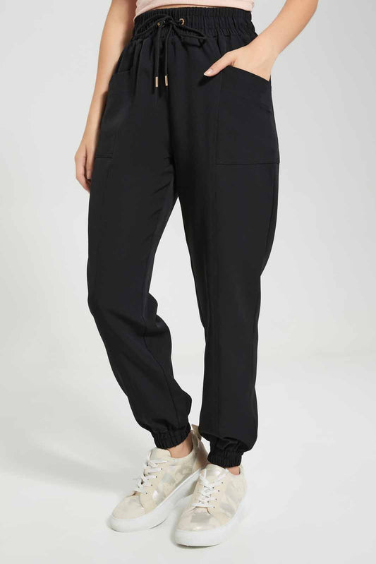 Redtag-Black-Tapered-Leg-Elasticated-Waist-Pants-Category:Trousers,-Colour:Black,-Deals:New-In,-Filter:Women's-Clothing,-New-In-Women-APL,-Non-Sale,-Section:Women,-W22O,-Women-Trousers-Women's-