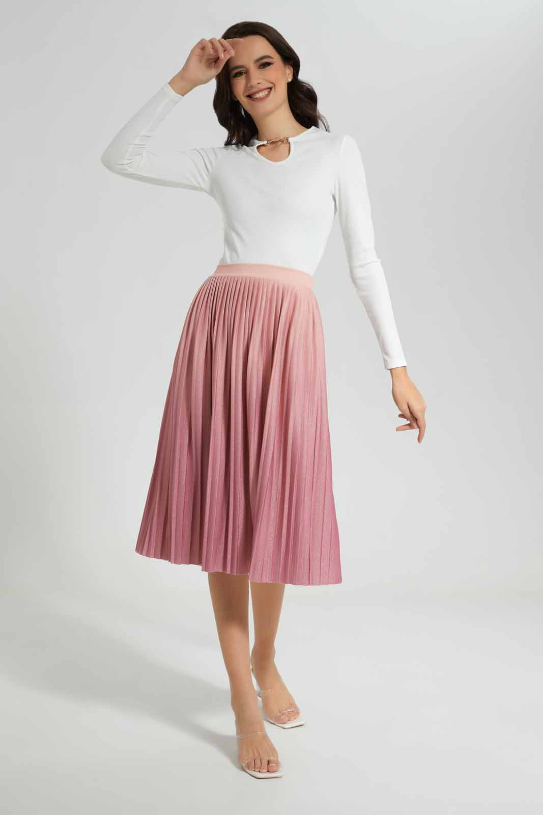 Redtag-Pink-Pleated-Shimmer-Skirt-Category:Skirts,-Colour:Apricot,-Deals:New-In,-EID,-Filter:Women's-Clothing,-New-In-Women-APL,-Non-Sale,-Section:Women,-W22O,-Women-Skirts-Women's-