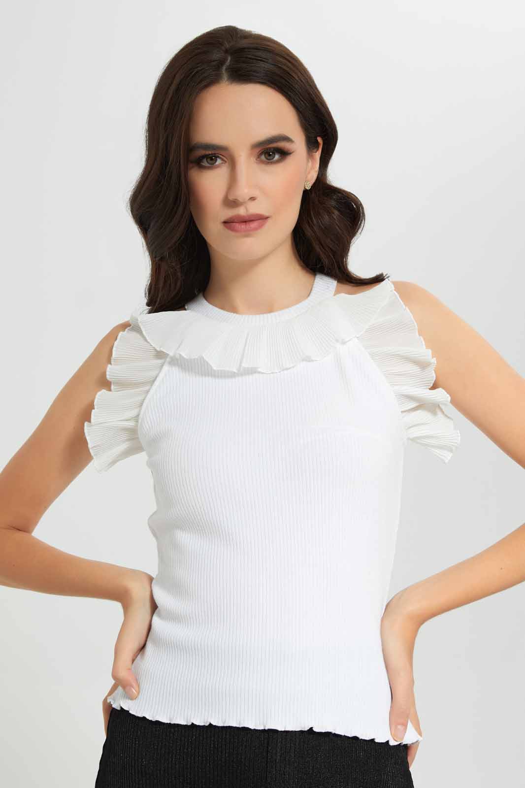 Redtag-White-Ruffled-Knit-Top-Category:Tops,-Colour:White,-Deals:New-In,-Filter:Women's-Clothing,-New-In-Women-APL,-Non-Sale,-Section:Women,-W22O,-Women-Tops-Women's-