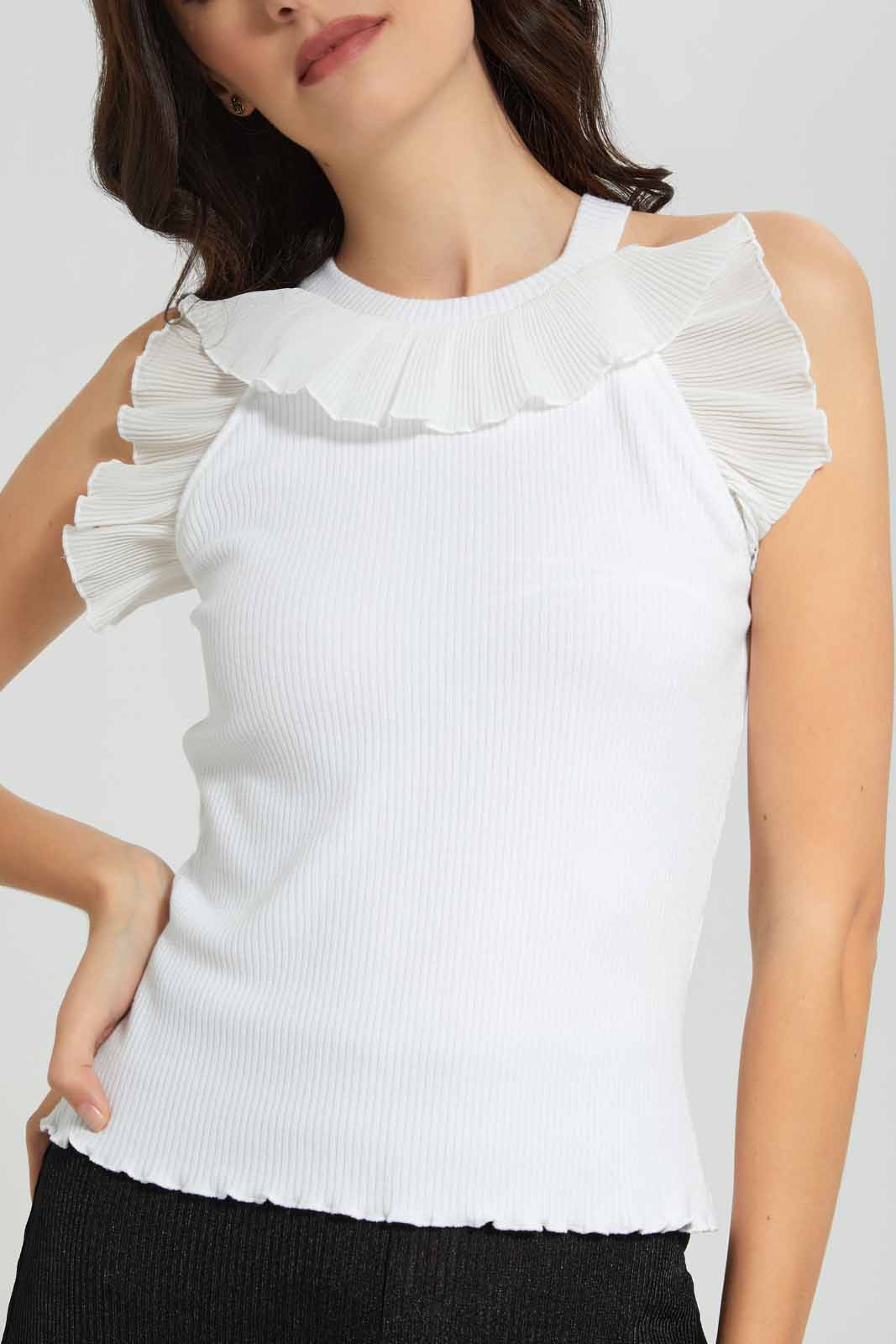 Redtag-White-Ruffled-Knit-Top-Category:Tops,-Colour:White,-Deals:New-In,-Filter:Women's-Clothing,-New-In-Women-APL,-Non-Sale,-Section:Women,-W22O,-Women-Tops-Women's-