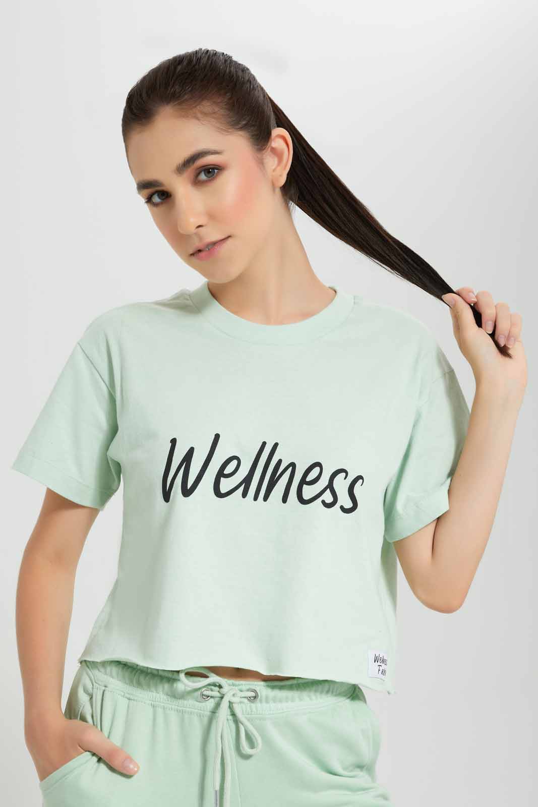 Redtag-Green-Sage-BCI-Cropped-T-Shirt-With-Placement-Print-Category:T-Shirts,-Colour:Green,-Deals:New-In,-Filter:Women's-Clothing,-New-In-Women,-Non-Sale,-Section:Women,-W22O,-Women-T-Shirts-Women's-