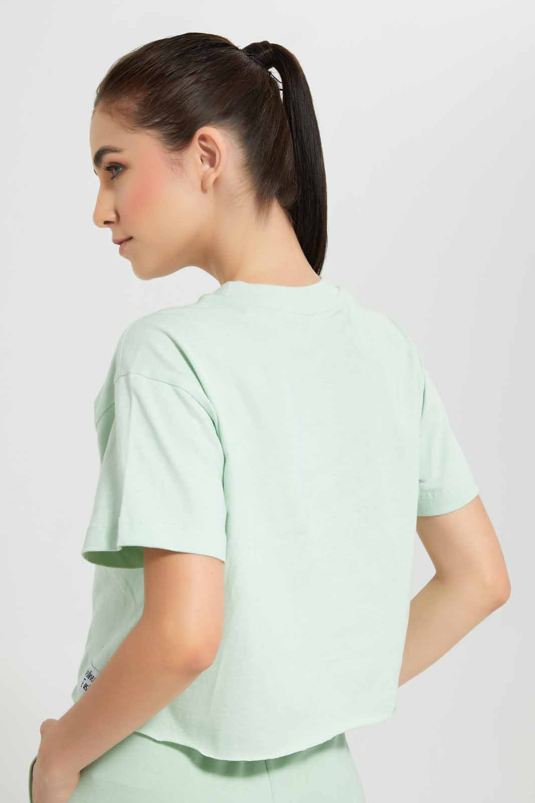 Redtag-Green-Sage-BCI-Cropped-T-Shirt-With-Placement-Print-Category:T-Shirts,-Colour:Green,-Deals:New-In,-Filter:Women's-Clothing,-New-In-Women,-Non-Sale,-Section:Women,-W22O,-Women-T-Shirts-Women's-