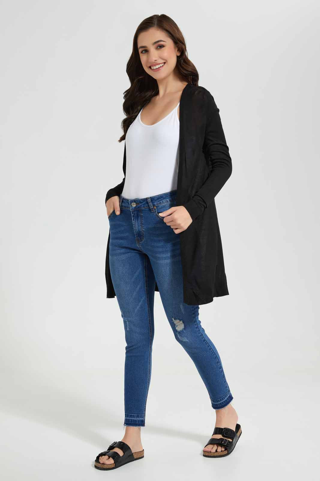 Redtag-Black-Long-Sleeves-Cardigan-Category:Cardigans,-Colour:Black,-Deals:New-In,-Filter:Women's-Clothing,-New-In-Women,-Non-Sale,-Section:Women,-W22O,-Women-Cardigans-Women's-