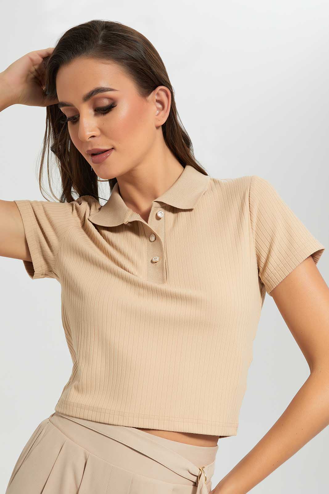 Beige Cropped Polo T-Shirt For Women