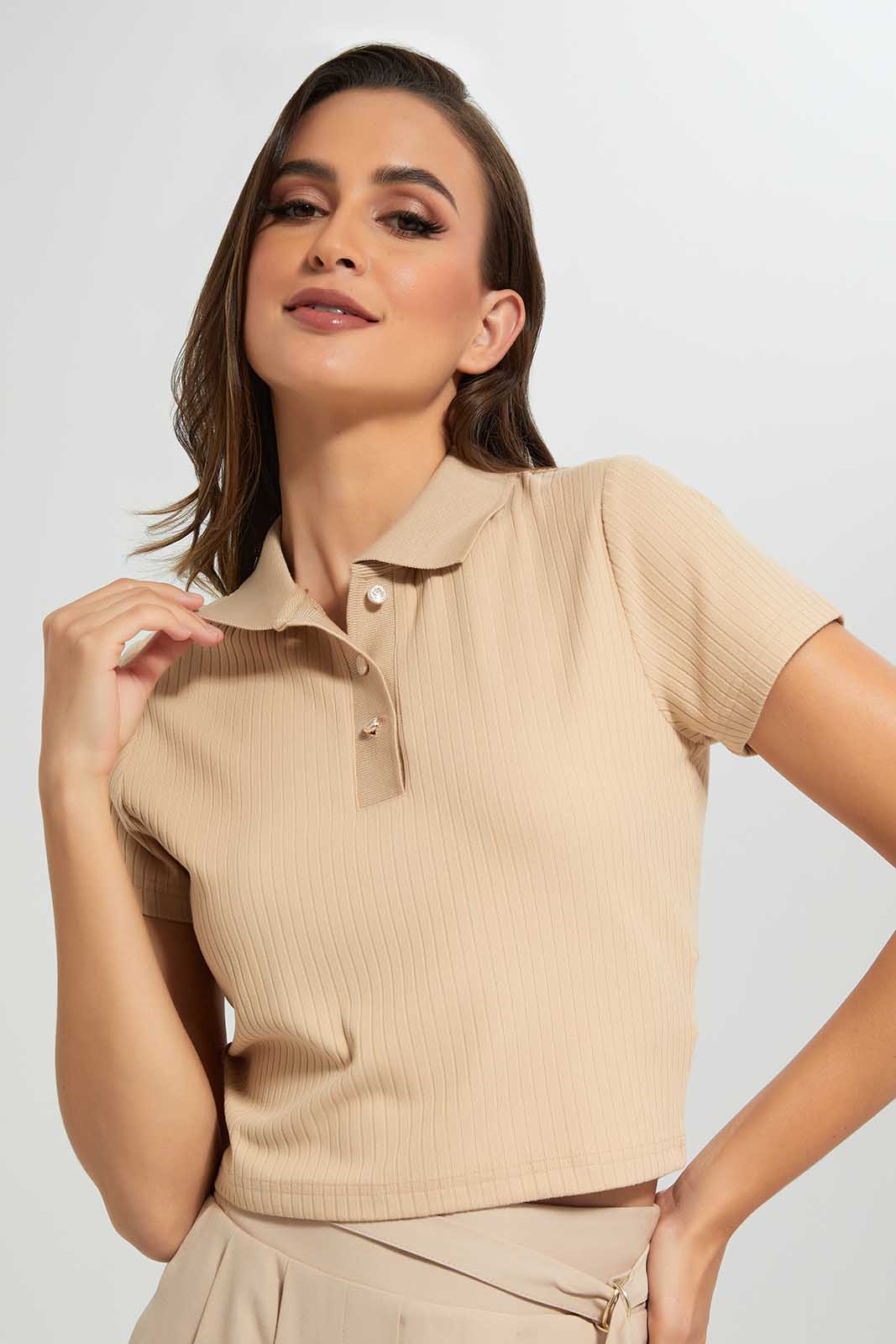 Beige Cropped Polo T-Shirt For Women