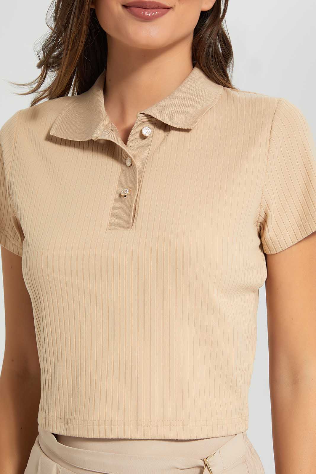 Beige Cropped Polo T-Shirt For Women