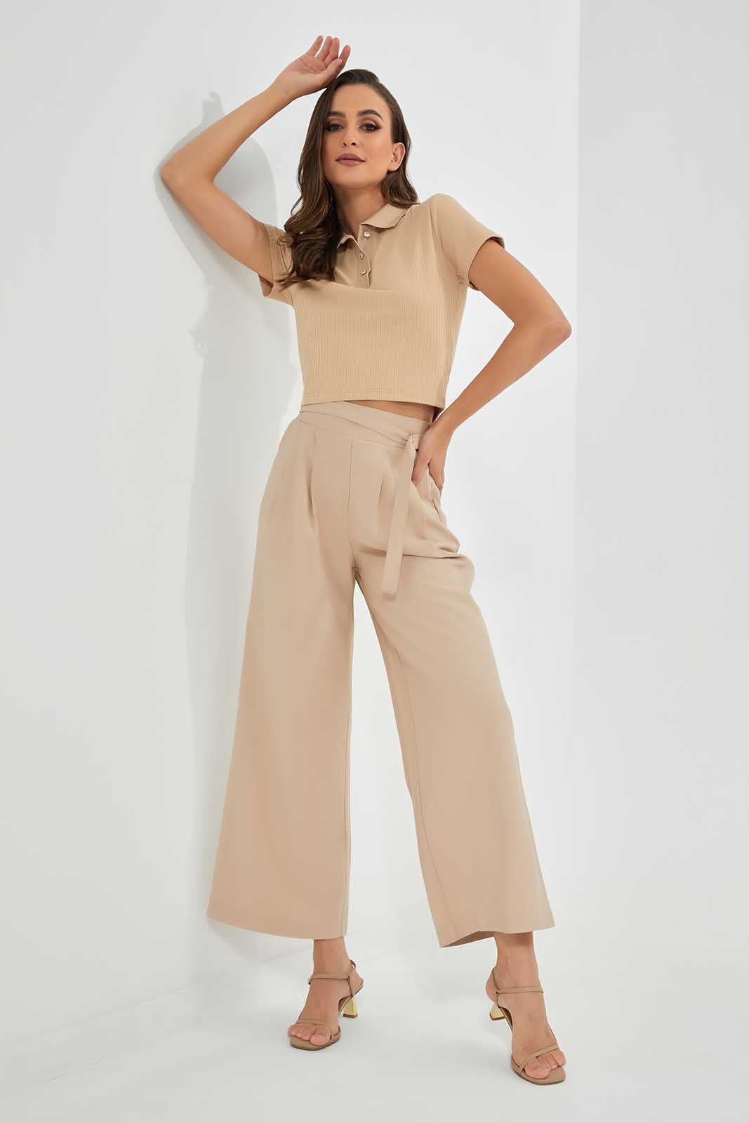 Beige Cropped Polo T-Shirt For Women