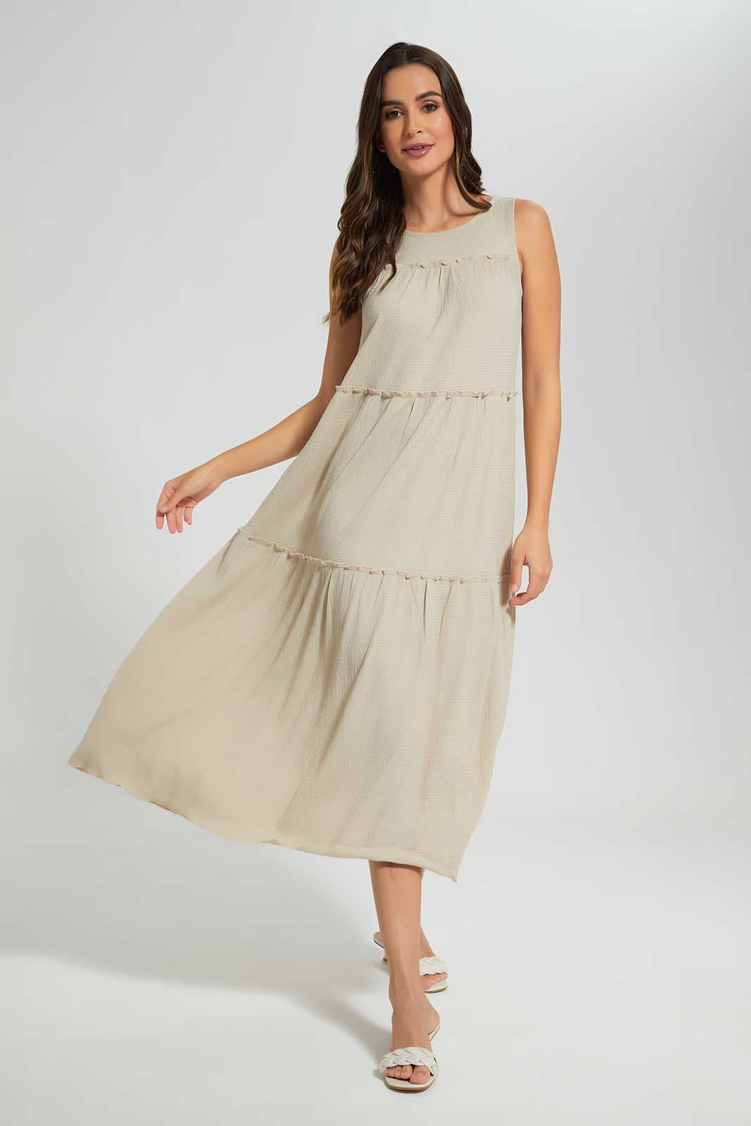 Redtag-Beige-Tiered-Dress-Category:Dresses,-Colour:Beige,-Deals:New-In,-Filter:Women's-Clothing,-LDC,-LDC-Dresses,-New-In-LDC-APL,-Non-Sale,-Section:Women,-W22O-Women's-
