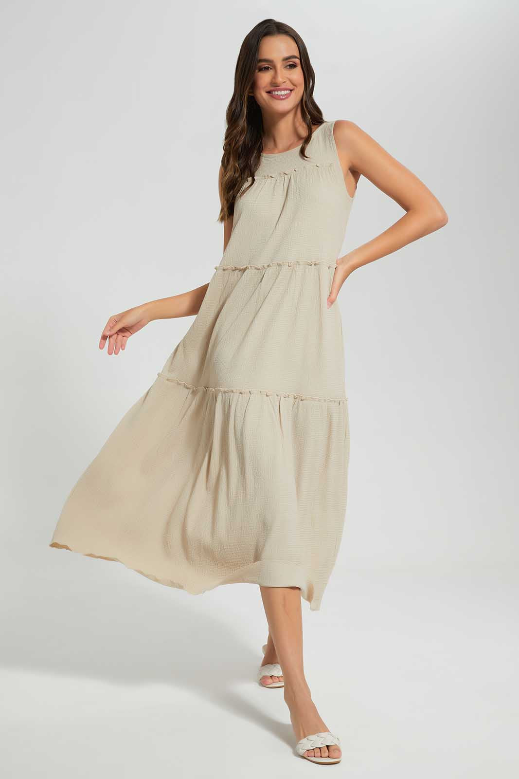 Redtag-Beige-Tiered-Dress-Category:Dresses,-Colour:Beige,-Deals:New-In,-Filter:Women's-Clothing,-LDC,-LDC-Dresses,-New-In-LDC-APL,-Non-Sale,-Section:Women,-W22O-Women's-