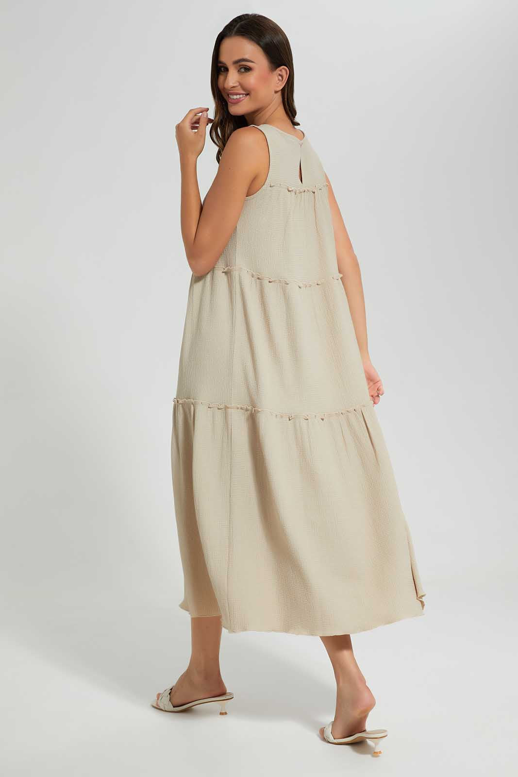 Redtag-Beige-Tiered-Dress-Category:Dresses,-Colour:Beige,-Deals:New-In,-Filter:Women's-Clothing,-LDC,-LDC-Dresses,-New-In-LDC-APL,-Non-Sale,-Section:Women,-W22O-Women's-