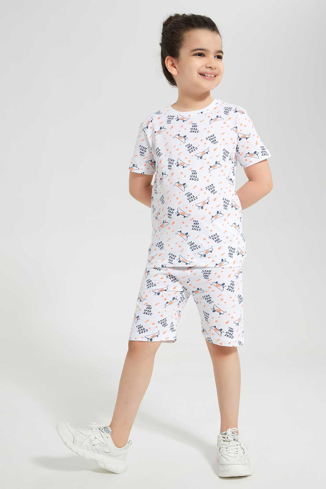Redtag-White-Skate-Prin-T-Shirt-And-Shorts-Set-BOY-Pyjama-Sets,-Category:Pyjama-Sets,-Colour:White,-Deals:New-In,-Filter:Boys-(2-to-8-Yrs),-New-In-BOY-APL,-Non-Sale,-Section:Boys-(0-to-14Yrs),-W22O-Boys-2 to 8 Years