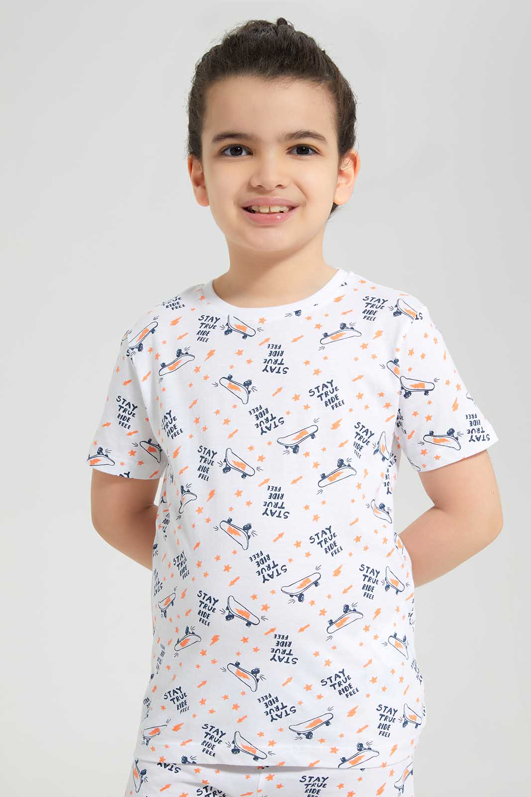 Redtag-White-Skate-Prin-T-Shirt-And-Shorts-Set-BOY-Pyjama-Sets,-Category:Pyjama-Sets,-Colour:White,-Deals:New-In,-Filter:Boys-(2-to-8-Yrs),-New-In-BOY-APL,-Non-Sale,-Section:Boys-(0-to-14Yrs),-W22O-Boys-2 to 8 Years