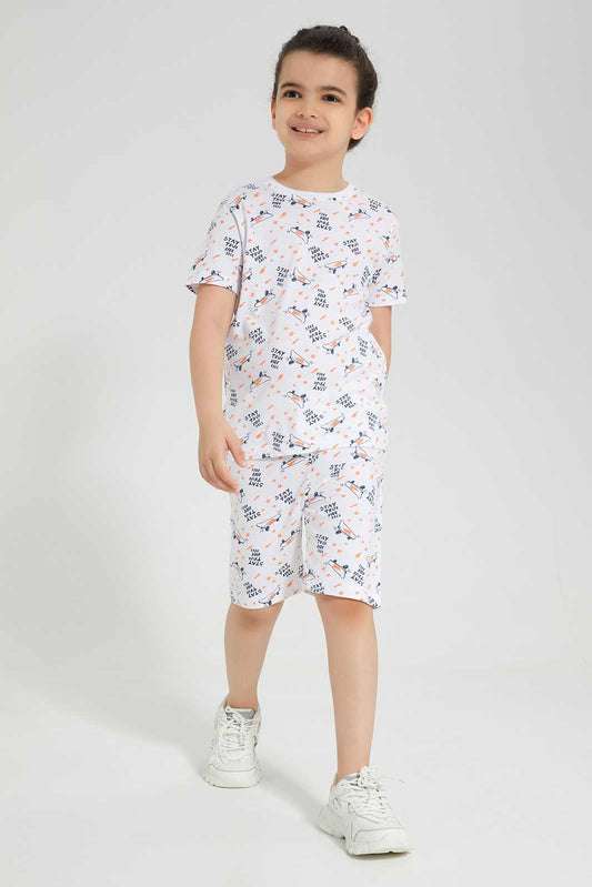 Redtag-White-Skate-Prin-T-Shirt-And-Shorts-Set-BOY-Pyjama-Sets,-Category:Pyjama-Sets,-Colour:White,-Deals:New-In,-Filter:Boys-(2-to-8-Yrs),-New-In-BOY-APL,-Non-Sale,-Section:Boys-(0-to-14Yrs),-W22O-Boys-2 to 8 Years