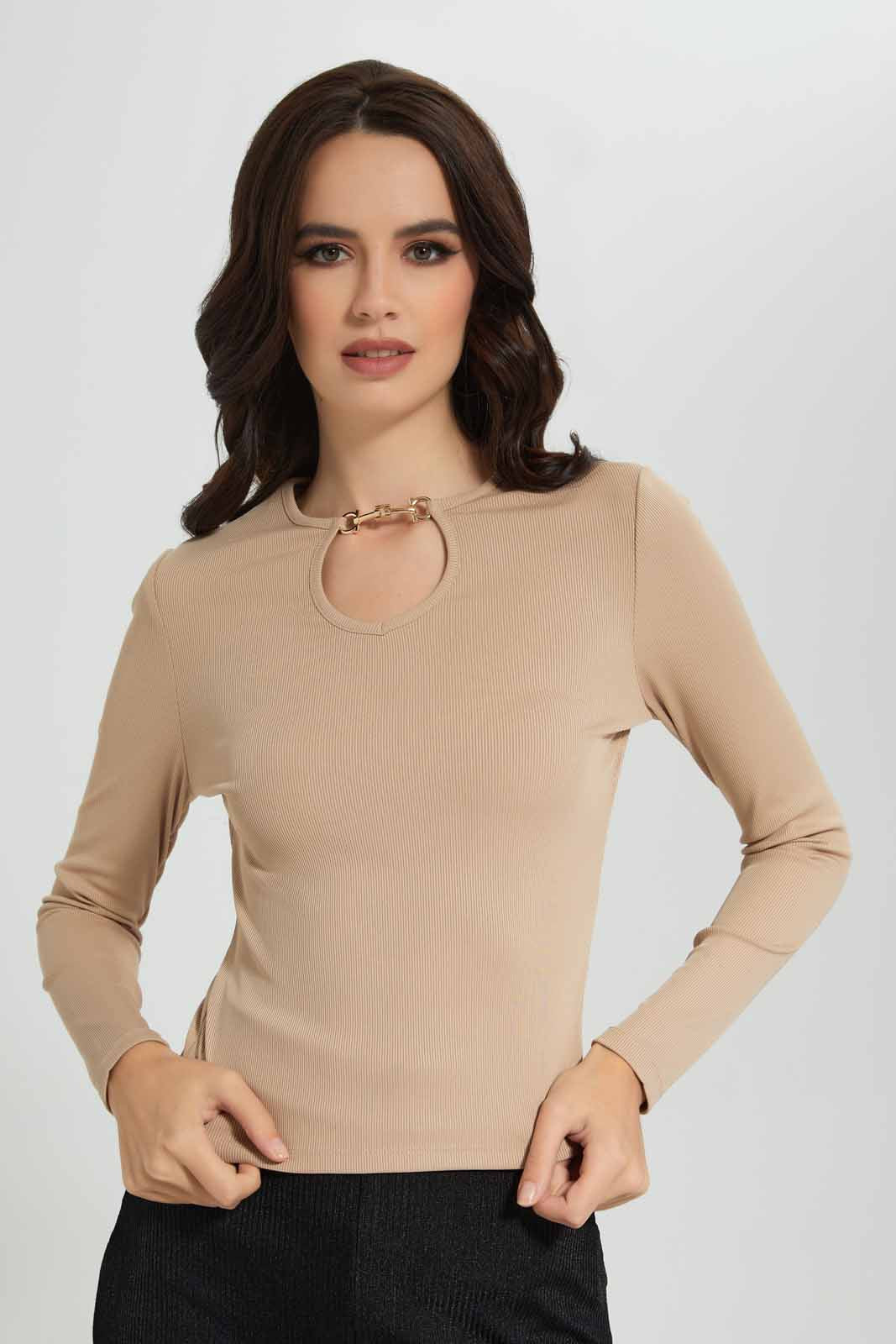 Redtag-Beige-Bodycon-Top-With-Stylised-Neckline-Category:Blouses,-Colour:Beige,-Deals:New-In,-EID,-Filter:Women's-Clothing,-New-In-Women-APL,-Non-Sale,-Section:Women,-W22O,-Women-Blouses-Women's-