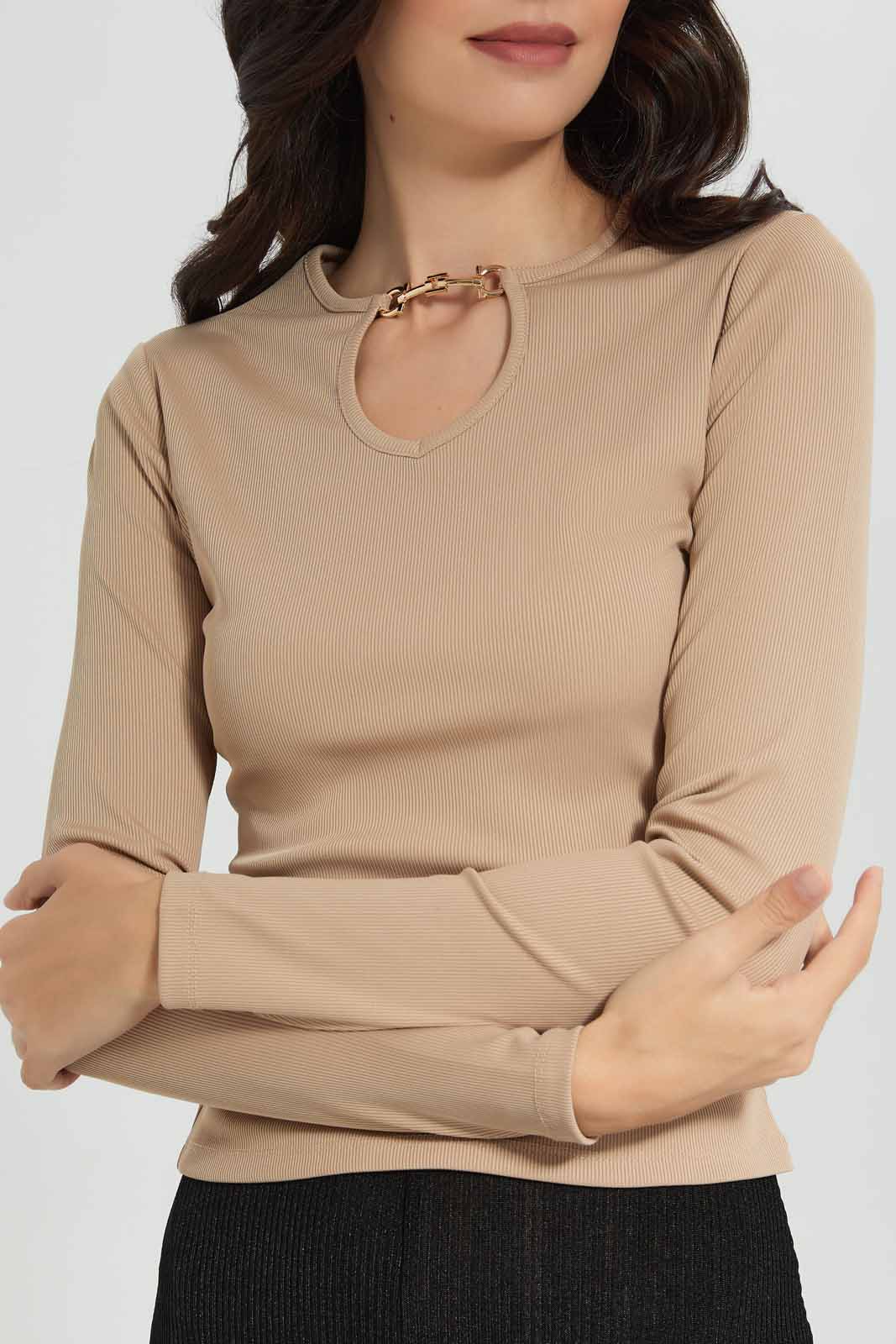 Redtag-Beige-Bodycon-Top-With-Stylised-Neckline-Category:Blouses,-Colour:Beige,-Deals:New-In,-EID,-Filter:Women's-Clothing,-New-In-Women-APL,-Non-Sale,-Section:Women,-W22O,-Women-Blouses-Women's-
