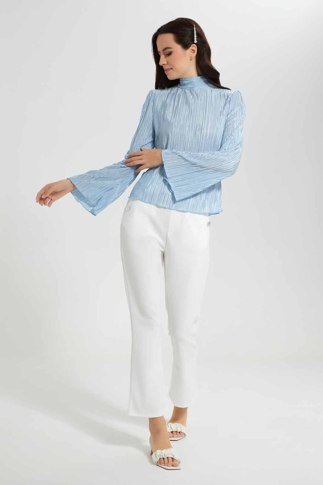 Redtag-Sky-Blue-High---Neck-Plisse-Top-Category:Blouses,-Colour:Sky-Blue,-Deals:New-In,-EID,-Filter:Women's-Clothing,-New-In-Women-APL,-Non-Sale,-Section:Women,-W22O,-Women-Blouses-Women's-