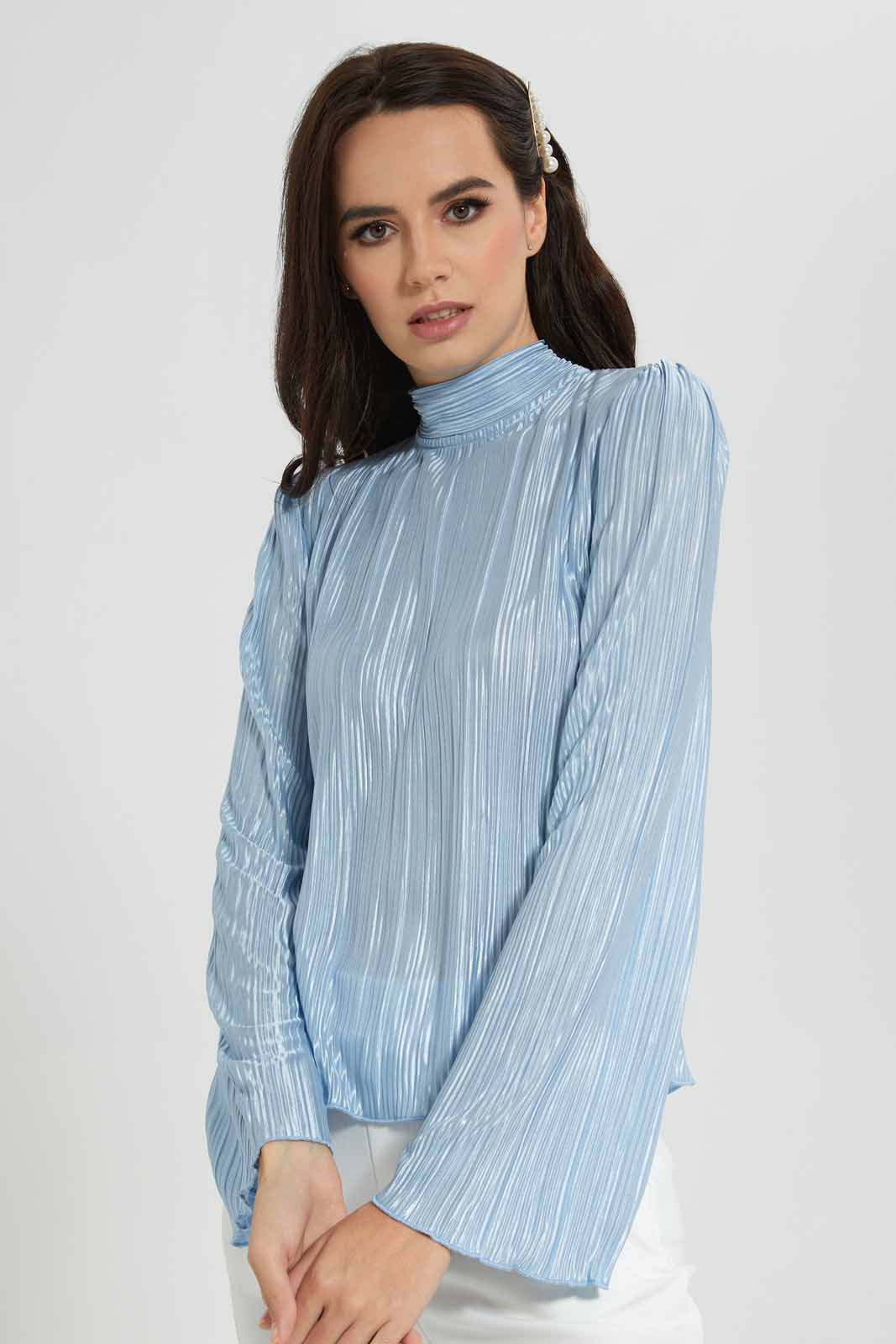 Redtag-Sky-Blue-High---Neck-Plisse-Top-Category:Blouses,-Colour:Sky-Blue,-Deals:New-In,-EID,-Filter:Women's-Clothing,-New-In-Women-APL,-Non-Sale,-Section:Women,-W22O,-Women-Blouses-Women's-