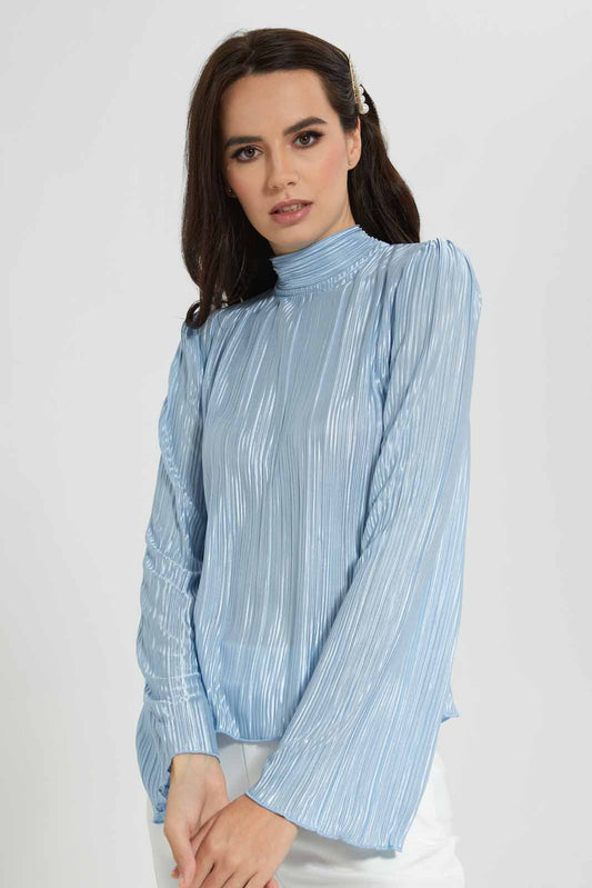 Redtag-Sky-Blue-High---Neck-Plisse-Top-Category:Blouses,-Colour:Sky-Blue,-Deals:New-In,-EID,-Filter:Women's-Clothing,-New-In-Women-APL,-Non-Sale,-Section:Women,-W22O,-Women-Blouses-Women's-