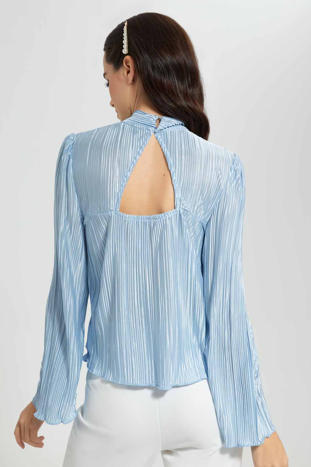 Redtag-Sky-Blue-High---Neck-Plisse-Top-Category:Blouses,-Colour:Sky-Blue,-Deals:New-In,-EID,-Filter:Women's-Clothing,-New-In-Women-APL,-Non-Sale,-Section:Women,-W22O,-Women-Blouses-Women's-