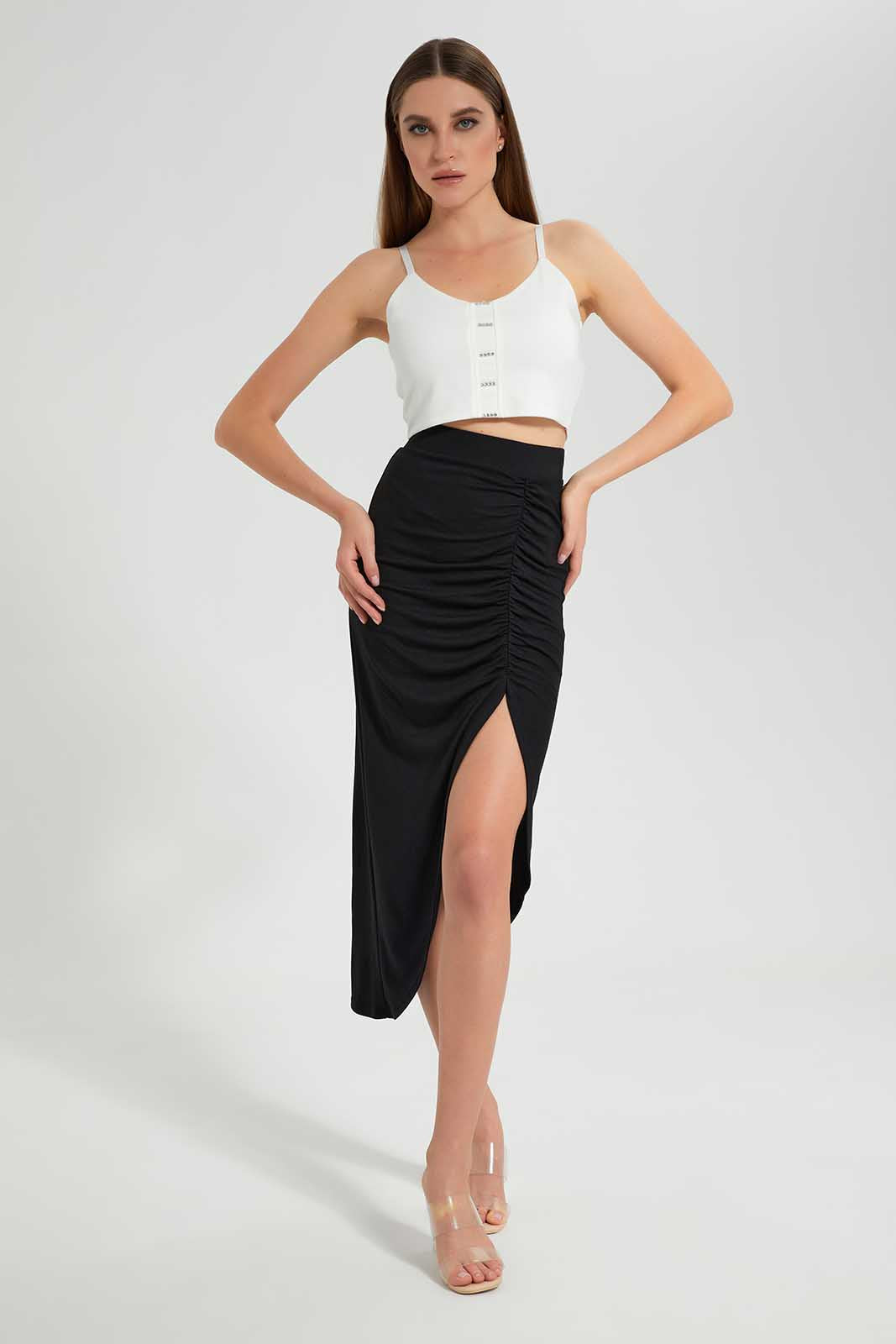 Redtag-NAVY-Asymmetrical-Side-Ruching-Skirt-Category:Skirts,-Colour:Navy,-Deals:New-In,-Filter:Women's-Clothing,-LEC,-LEC-Skirts,-New-In-LEC,-Non-Sale,-Section:Women,-W22O-Women's-