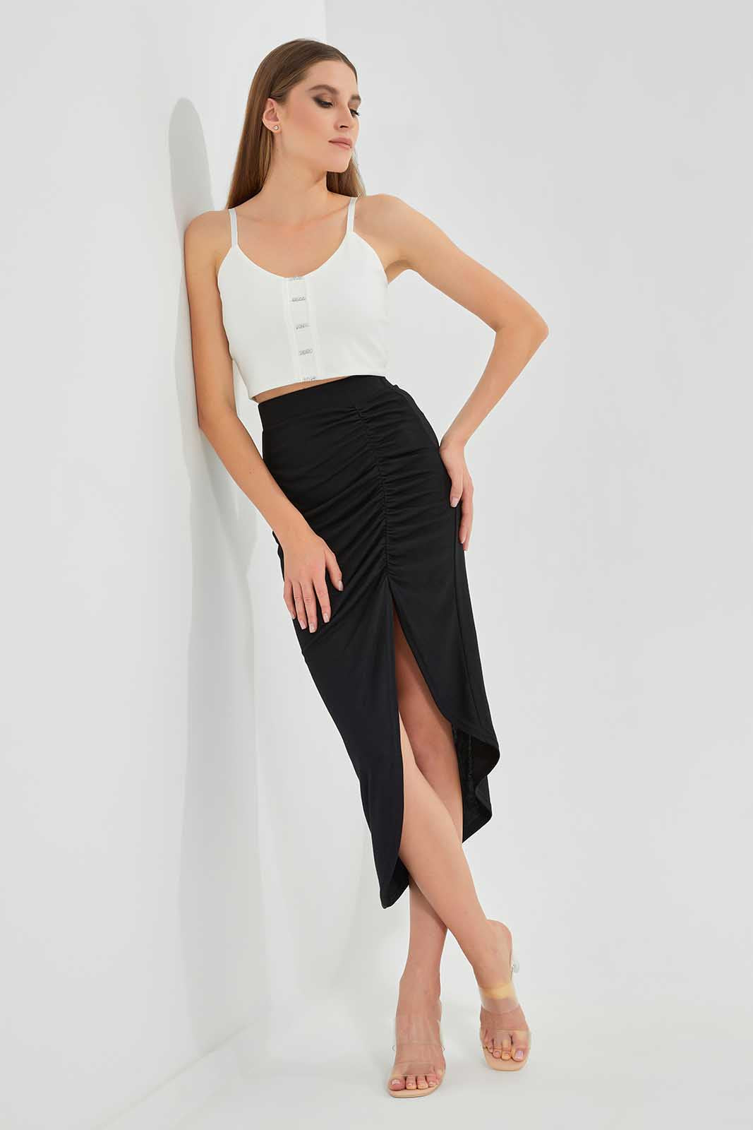 Redtag-NAVY-Asymmetrical-Side-Ruching-Skirt-Category:Skirts,-Colour:Navy,-Deals:New-In,-Filter:Women's-Clothing,-LEC,-LEC-Skirts,-New-In-LEC,-Non-Sale,-Section:Women,-W22O-Women's-